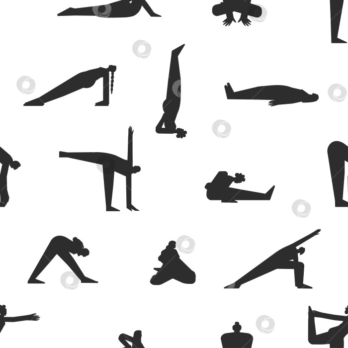 Скачать Vector seamless pattern with fitness poses. Flat monochrome isolated collection with hiispanic, african american and european women making yoga exercises like asanas, stretchening training фотосток Ozero