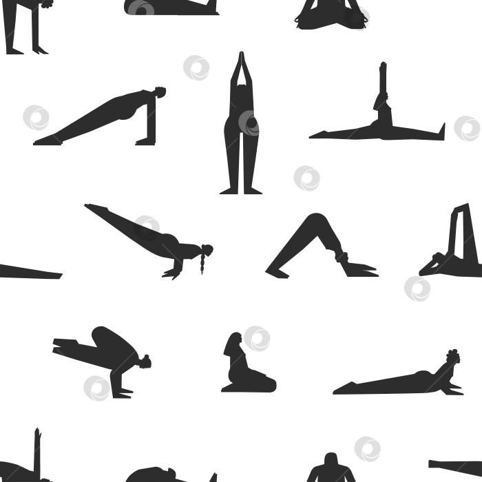 Скачать Vector seamless pattern with fitness poses. Flat isolated collection with hiispanic, african american and european women making yoga exercises like asanas, stretchening training. Black silhouettes фотосток Ozero