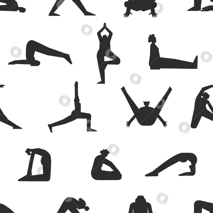 Скачать Vector seamless pattern with sport training. Flat isolated illustrationwith hiispanic, african american and european women making yoga exercises like asanas, stretchening training. Black silhouettes фотосток Ozero