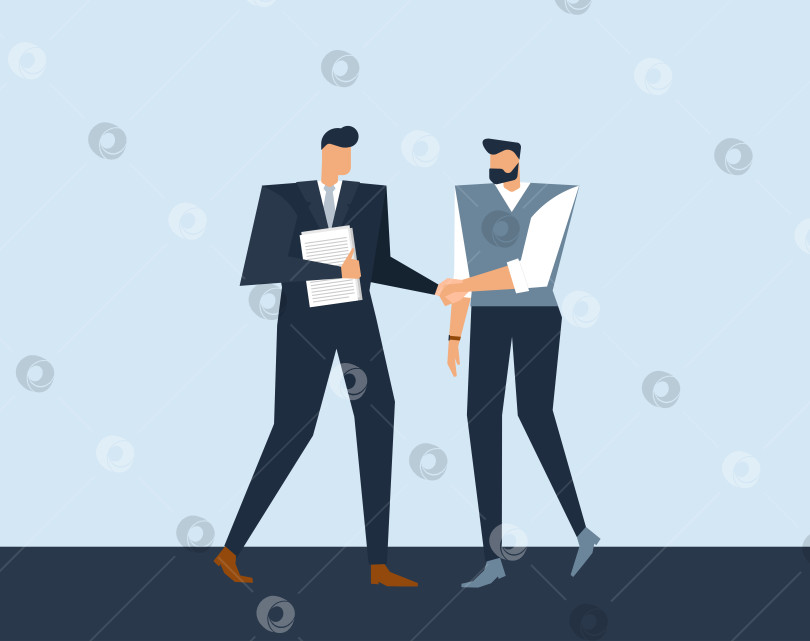 Скачать Vector business llustration with flat male characters. Concept about communication of  job seeker and HR specialist who hire expert . Handshake of men in office. фотосток Ozero