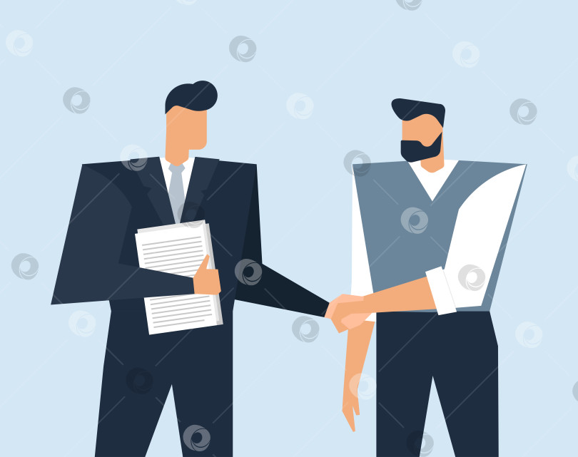 Скачать Vector business llustration with flat characters. Concept about communication of lawyer and client who hire expert to help him with bisiness plan and organization of working process. Handshake of men фотосток Ozero