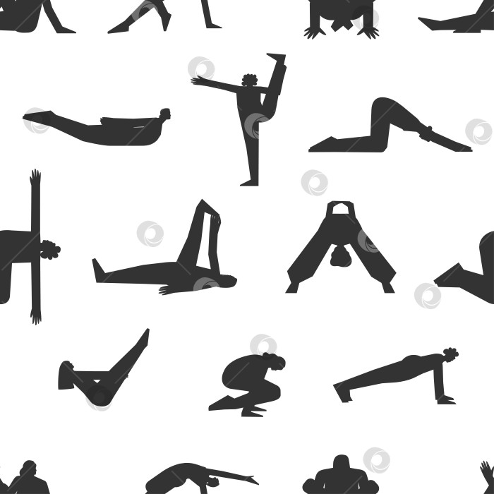 Скачать Vector seamless pattern with fitness poses. Flat isolated collection with hiispanic, african american and european women making yoga exercises like asanas, stretchening training. Black silhouettes фотосток Ozero