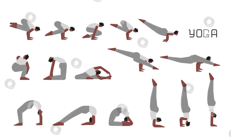 Скачать Vector flat isolated illustration collection with female character doing yoga. African American woman learns handstand and back bend postures. Set of basic sports balance exercise for beginners фотосток Ozero