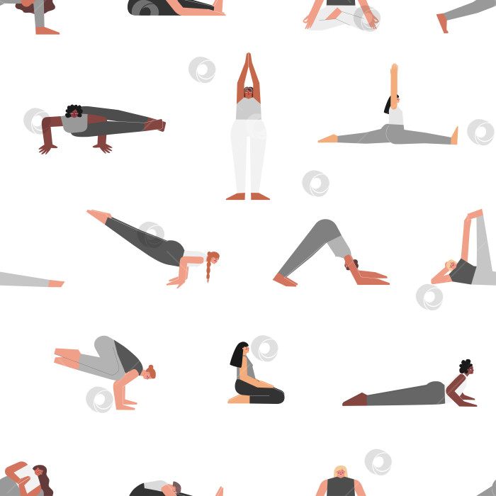 Скачать Vector seamless pattern with fitness poses. Flat monochrome isolated collection with hiispanic, african american and european women making yoga exercises like asanas, stretchening training фотосток Ozero