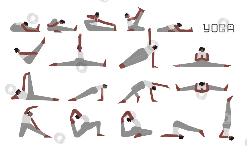 Скачать Vector flat illustration collection with female adult character doing yoga. African American woman learns sitting stretching postures. Set of basic sports exercise for beginners фотосток Ozero