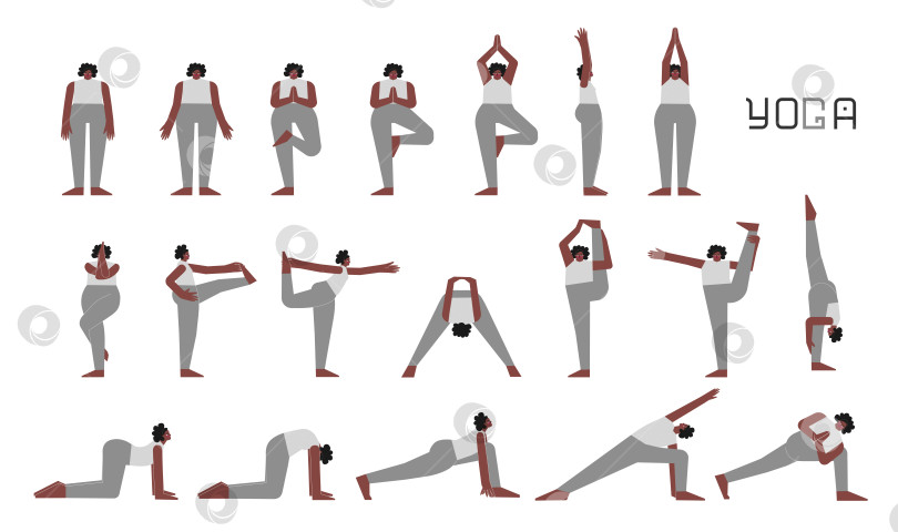 Скачать Vector flat isolated illustration collection with female character doing yoga. African American woman learns standing postures. Set of basic sports balance exercise for beginners фотосток Ozero