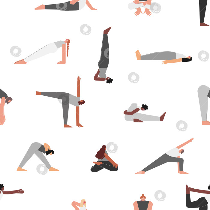 Скачать Vector seamless pattern with fitness poses. Flat monochrome isolated collection with hiispanic, african american and european women making yoga exercises like asanas, stretchening training фотосток Ozero