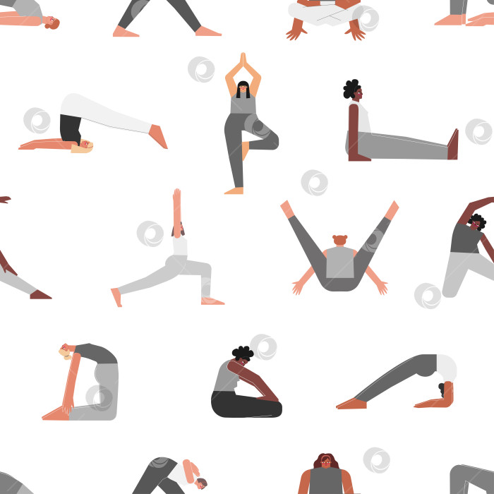 Скачать Vector seamless pattern with sport poses. Flat isolated collection with hiispanic, african american, asian women making yoga exercises: standing asanas, stretchening training with bend фотосток Ozero