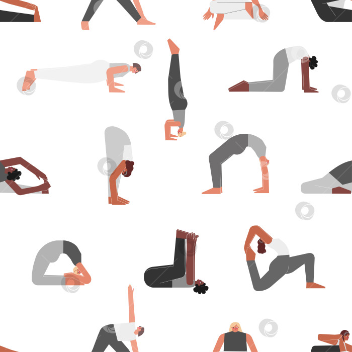 Скачать Vector seamless pattern with fitness poses. Flat monochrome isolated collection with hiispanic, african american and european women making yoga exercises like asanas, stretchening training фотосток Ozero