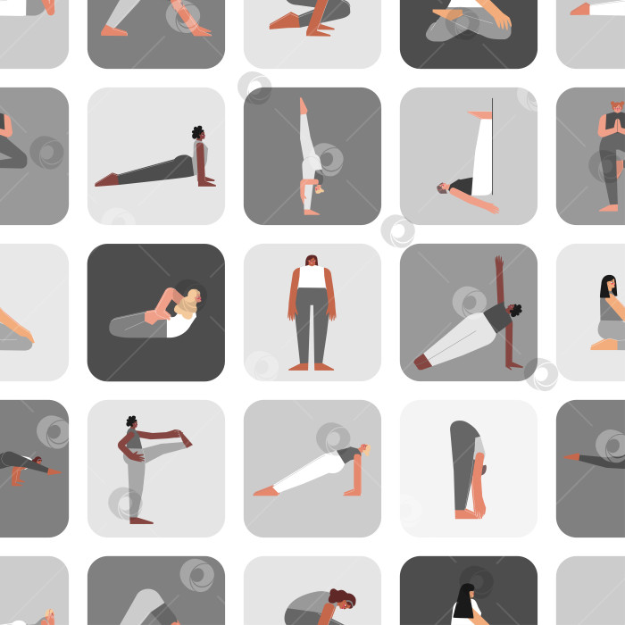 Скачать Vector seamless pattern yoga poses. Flat monochrome illustrated collection on square shape with asian, african american and caucasian women making sport exercises like asanas, stretchening training фотосток Ozero