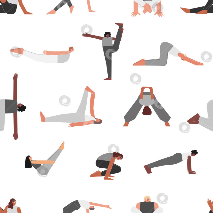 Скачать Vector seamless pattern with fitness poses. Flat monochrome isolated collection with hiispanic, african american and european women making yoga exercises like asanas, stretchening training фотосток Ozero