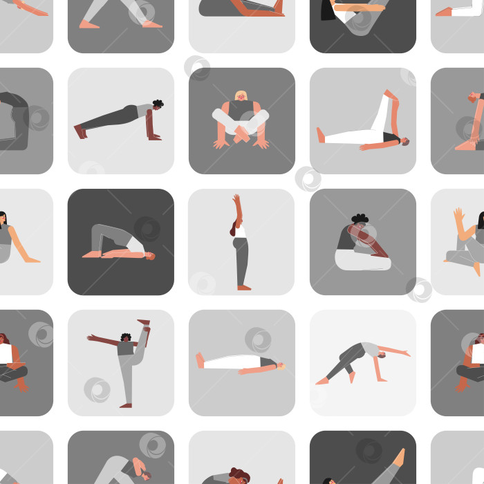 Скачать Vector seamless pattern yoga poses. Flat monochrome illustrated collection on square shape with asian, african american and caucasian women making sport exercises like asanas, stretchening training фотосток Ozero
