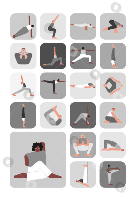 Скачать Vector illustration set for sticker pack with yoga poses. Flat monochrome collection on vertical A4 poster with asian, african and caucasian women making sport exercises like asanas, stretchening фотосток Ozero