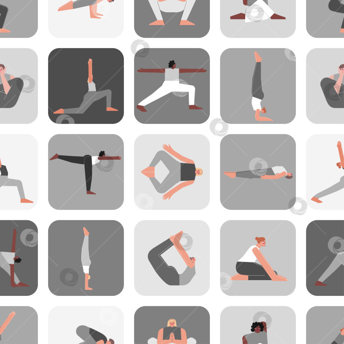 Скачать Vector seamless pattern yoga poses. Flat monochrome illustrated collection on square shape with hispanic, african american, caucasian women making sport trainings: asanas, stretchening and meditation фотосток Ozero