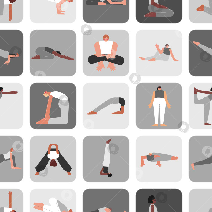 Скачать Vector seamless pattern yoga poses. Flat monochrome illustrated collection on square shape with hispanic, african american, caucasian women making sport trainings: asanas, stretchening and meditation фотосток Ozero