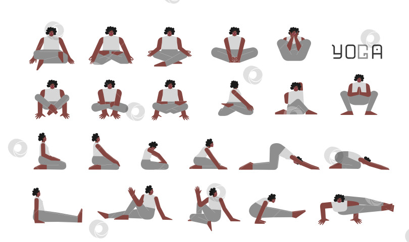 Скачать Vector flat isolated illustration collection with female character doing yoga. African American woman learns relaxing sitting postures for meditation. Set of basic sports exercise for beginners фотосток Ozero