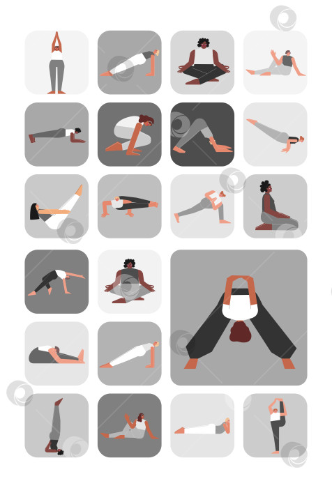 Скачать Vector illustration set for sticker pack with yoga poses. Flat monochrome collection on vertical A4 poster with asian, african and caucasian women making sport exercises like asanas, stretchening фотосток Ozero