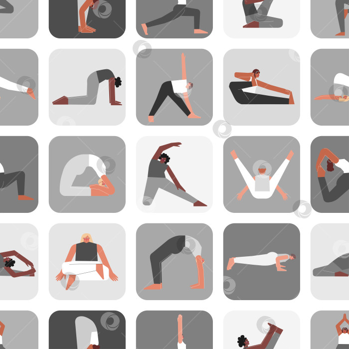 Скачать Vector seamless pattern yoga poses. Flat monochrome illustrated collection on square shape with hispanic, african and caucasian women making sport exercises like asanas, stretchening фотосток Ozero