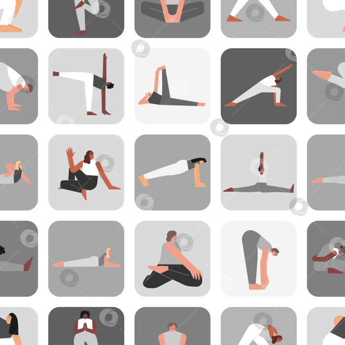 Скачать Vector seamless pattern yoga poses in grey colors. Flat monochrome illustrated collection on square shape with hispanic, african and caucasian women making sport exercises like asanas, stretchening фотосток Ozero