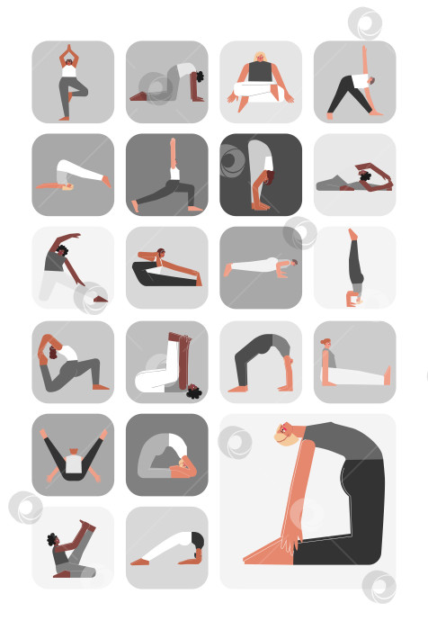 Скачать Vector illustration set for sticker pack with yoga poses. Flat monochrome collection on vertical A4 poster with asian, african and caucasian women making sport exercises like asanas, stretchening фотосток Ozero