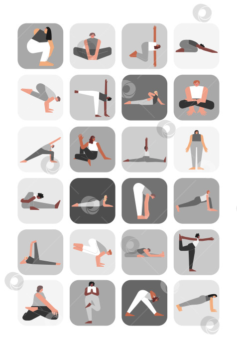 Скачать Vector illustration set for sticker pack with yoga poses. Flat monochrome collection on vertical A4 poster with asian, african and caucasian women making sport exercises like asanas, stretchening фотосток Ozero