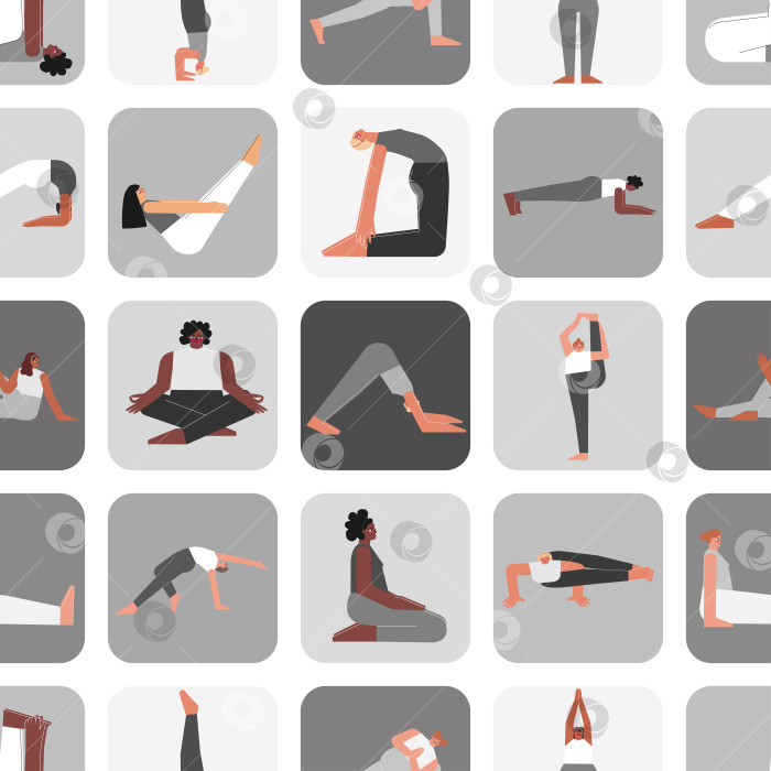 Скачать Vector seamless pattern yoga poses. Flat monochrome illustrated collection on square shape with hispanic, african and caucasian women making sport exercises like asanas, stretchening фотосток Ozero