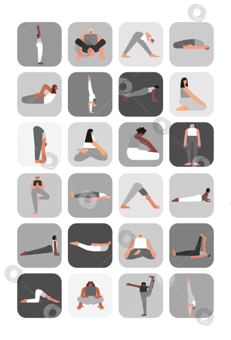 Скачать Vector illustration set for sticker pack with yoga poses. Flat monochrome collection on vertical A4 poster with asian, african and caucasian women making sport exercises like asanas, stretchening фотосток Ozero