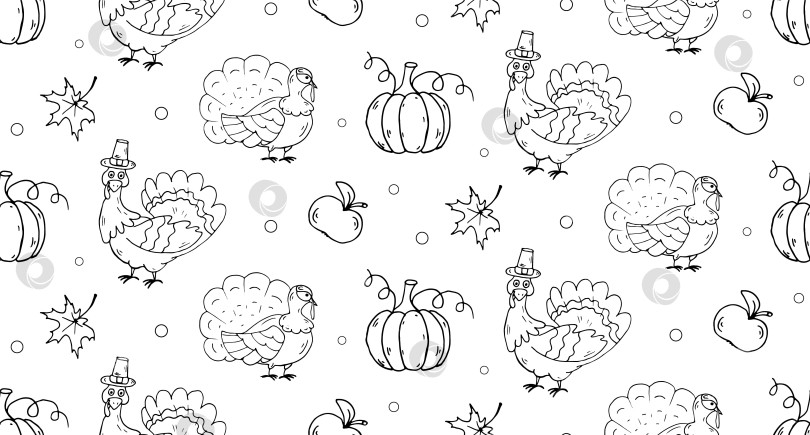 Скачать Seamless pattern with Turkey, Pumpkins, leaves and apple. Black and white Vector thanksgiving theme. фотосток Ozero