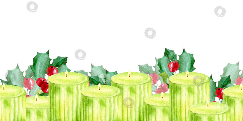 Скачать Watercolor green candles seamless border with greenery, hand drawn for xmas design фотосток Ozero