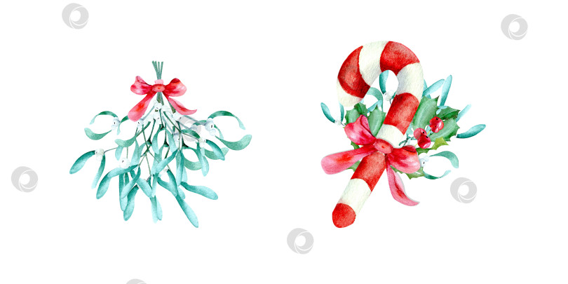 Скачать Watercolor christmas collection of candy cane and tradiitonal bouquet. Mistletoe, striped candy cane фотосток Ozero