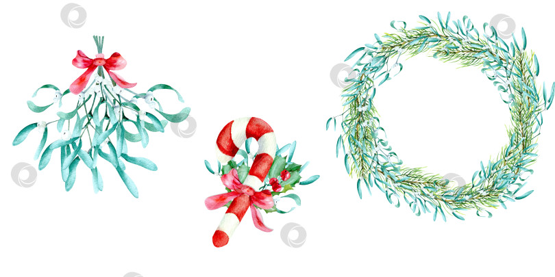 Скачать Christmas set. Watercolor tradiitonal hanging bouquet, candy cane composition and winter wreath фотосток Ozero