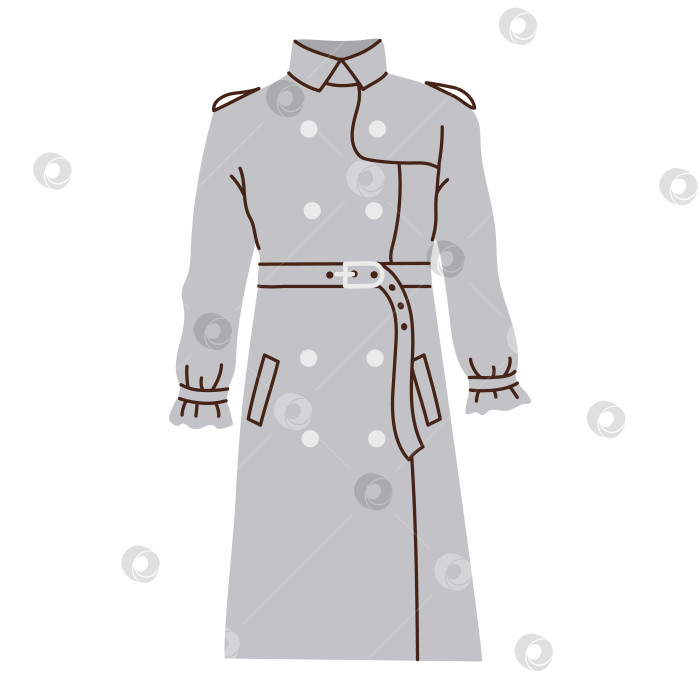 Скачать Изолированное серое женское пальто-тренч в плоском стиле на белом фоне. Теплая одежда фотосток Ozero