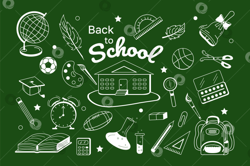 Скачать Vector Set Back to school doodle white line on green blackboard background. Modern teaching learning фотосток Ozero