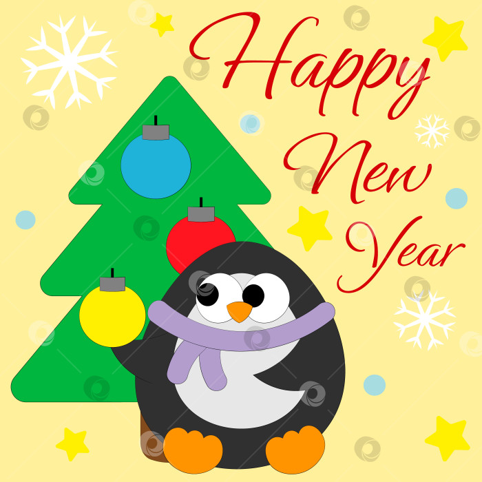 Скачать Рождественская поздравительная открытка с персонажем-пингвином и рождественской елкой фотосток Ozero