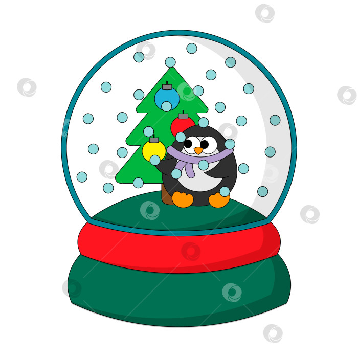 Скачать Рождественский снежок с пингвином и рождественской елкой. Нарисуйте иллюстрацию в цвете фотосток Ozero