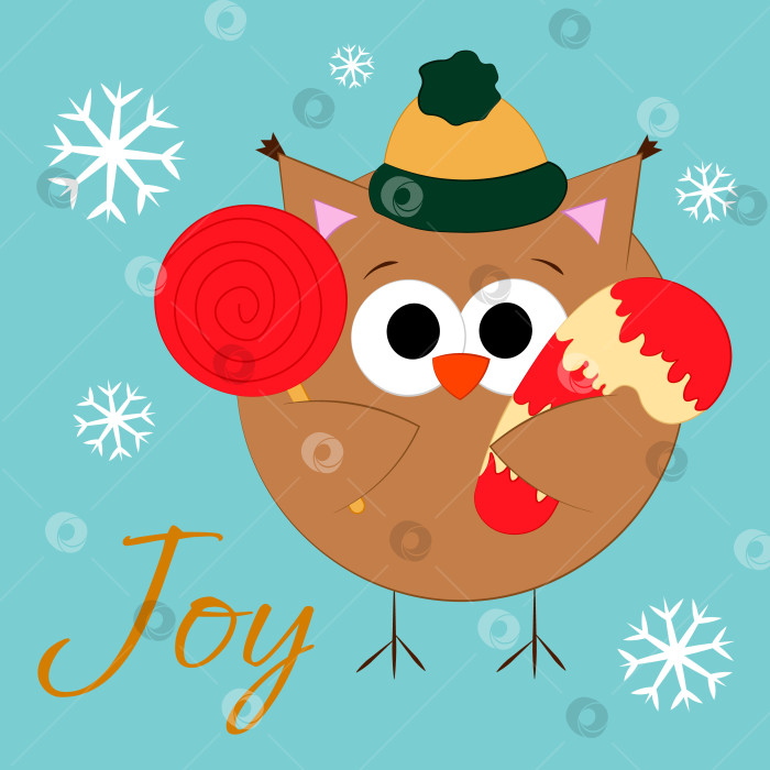 Скачать Рождественская поздравительная открытка с изображением совы, леденца на палочке и леденцовой трости фотосток Ozero