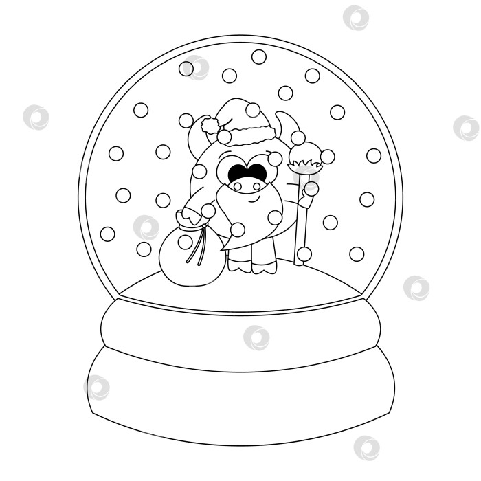 Скачать Рождественский снежок с быком Сантой. Нарисуйте иллюстрацию в черно-белом цвете фотосток Ozero