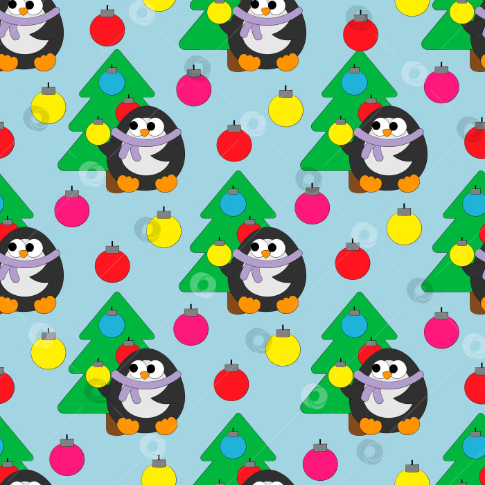 Скачать Бесшовный векторный узор с милым мультяшным пингвином с рождественской елкой и игрушками фотосток Ozero