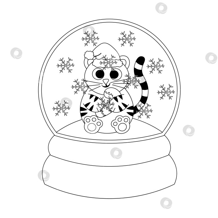Скачать Рождественский снежок с тигром и леденцовой палочкой. Нарисуйте иллюстрацию в черно-белом цвете фотосток Ozero