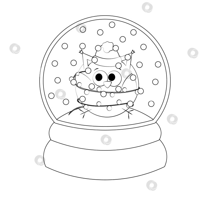 Скачать Рождественский снежок с совой и гирляндой. Нарисуйте иллюстрацию в черно-белом цвете фотосток Ozero