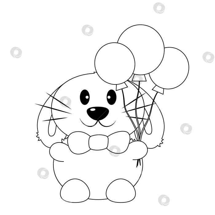 Скачать Милый мультяшный кролик с воздушными шарами. Нарисуйте иллюстрацию в черно-белом цвете фотосток Ozero