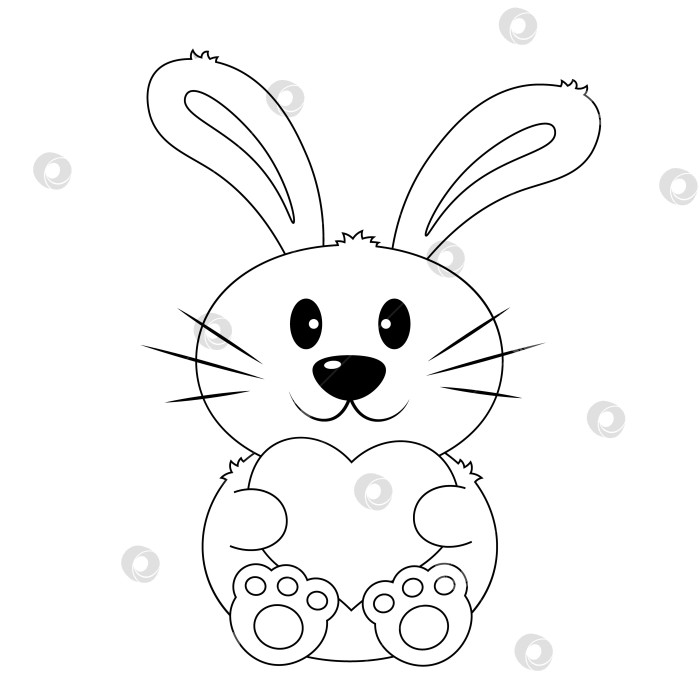 Скачать Милый мультяшный кролик с сердечком. Нарисуйте иллюстрацию в черно-белом цвете фотосток Ozero