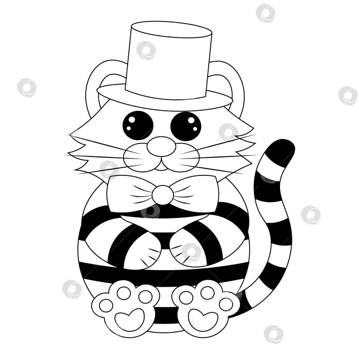 Скачать Милый мультяшный спящий тигр в шляпе и галстуке. Нарисуйте иллюстрацию в черно-белом цвете фотосток Ozero