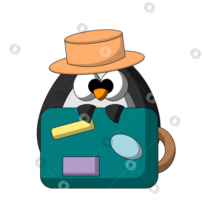 Скачать Милый мультяшный турист-пингвин с чемоданом. Нарисуйте иллюстрацию в цвете фотосток Ozero