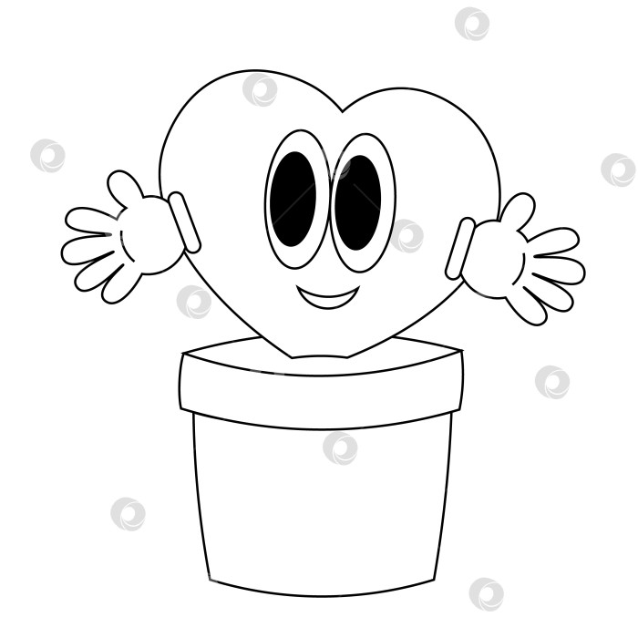Скачать Сердце в цветочном горшке. Иллюстрационный персонаж в заводном мультяшном стиле. Черно-белый фотосток Ozero