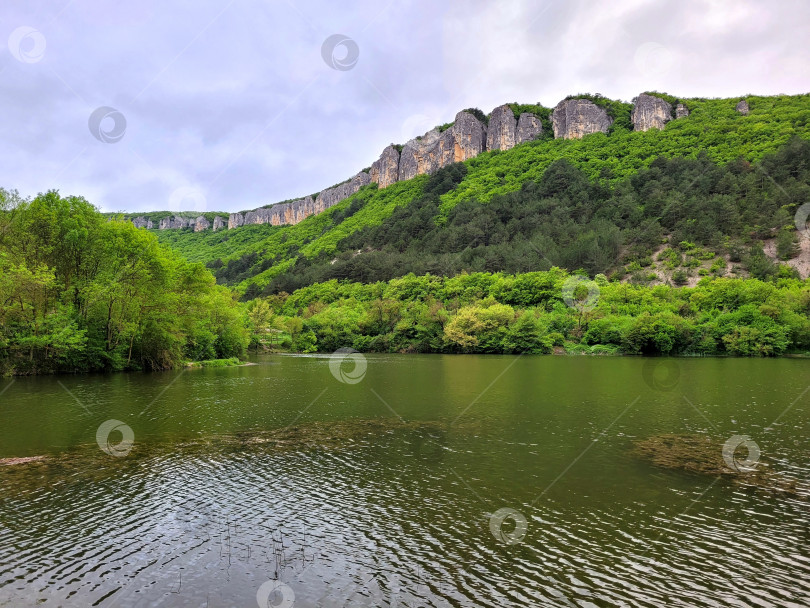 Скачать Горное озеро в лесу в ясный день. Горный пейзаж фотосток Ozero