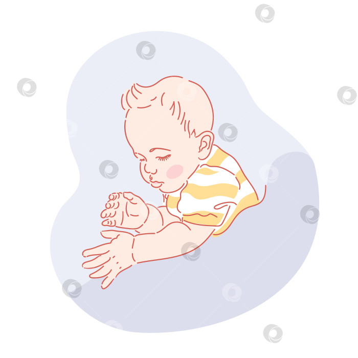 Скачать Милый маленький мальчик или девочка в полосатой футболке спят. Мягкая подушка. Перед сном. Эмблема эксперта по сну. Спокойный здоровый детский сон. Тренировка сна. Итоговая иллюстрация в стиле эскиза фотосток Ozero