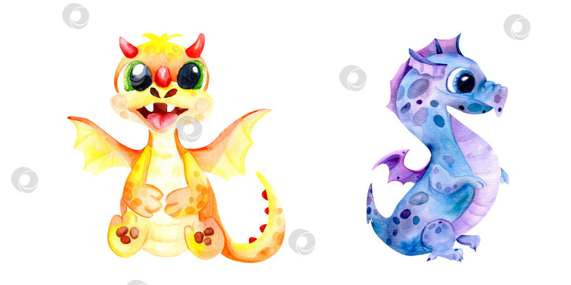 Скачать Акварельный набор cute kids dragons: желтый и синий динозавры, символы 2024 года фотосток Ozero
