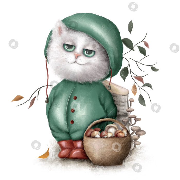 Скачать Наступила осень. Нарисованная каракулями иллюстрация милого кота-грибника с корзинкой грибов. Может использоваться для печати на футболках, плакатах или открытках фотосток Ozero