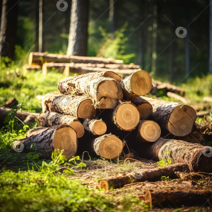 Скачать Крупный план срубленных и распиленных стволов деревьев, сложенных штабелями на окраине леса. фотосток Ozero